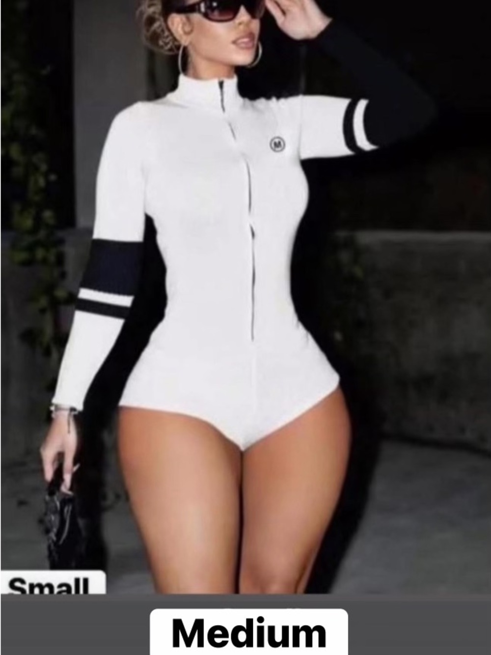 Women’s White and Black Long-Sleeve Zip Front Bodysuit